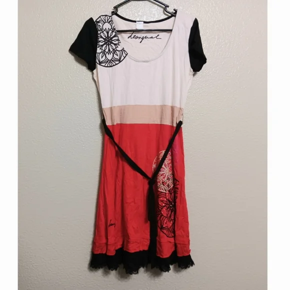 Desigual | Dresses | Desigual Black White Red Embroidered Belted Knit Dress  | Poshmark